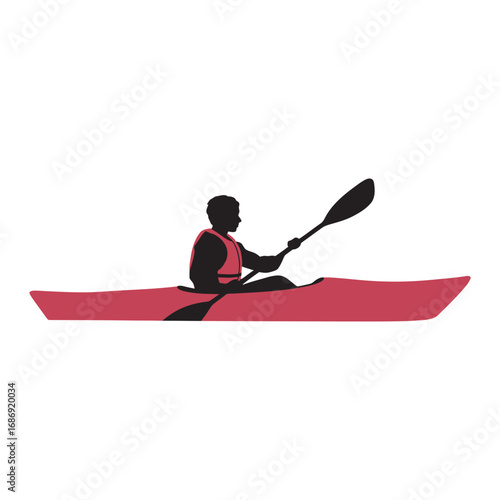 Vector silhouette of a person rowing a kayak with a paddle, isolated graphic element for sports and recreation themes. 