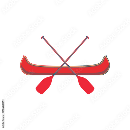 Red canoe with crossed paddles illustration. Outdoor adventure and water sport symbol. Vector graphic for camping trip or travel club 