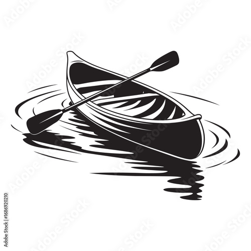 Monochrome vector illustration of a canoe with a paddle floating on water with ripples, isolated graphic for a sport or adventure logo template
