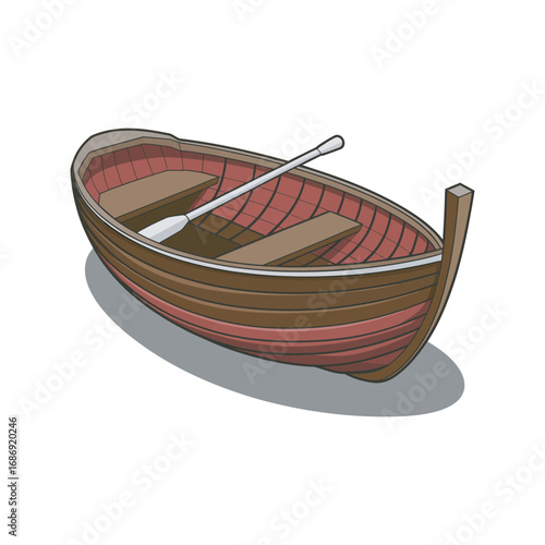 A classic wooden rowboat with a single oar resting inside, depicted in a clean, detailed vector illustration style, isolated on a white background