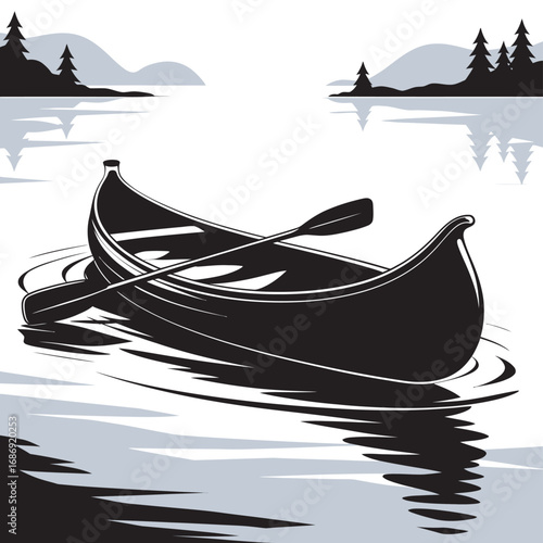 Monochrome vector graphic of an empty canoe and paddle on a peaceful lake. A scenic outdoor landscape for recreation and travel concepts