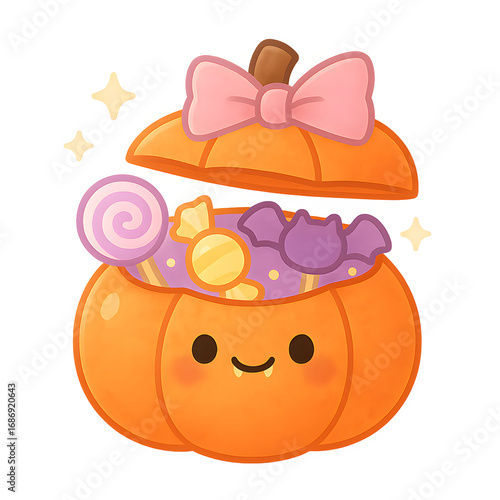 Kawaii Pumpkin Present Box PNG | Chibi Halloween Pumpkin with Candy