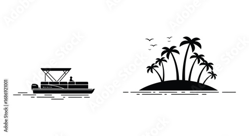 a boat floating near an island with palm trees