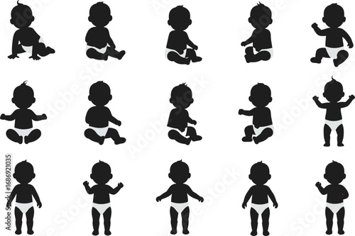 Baby silhouette vector set with diapers showing sitting, crawling, and standing poses for nursery art, baby shower and milestone design