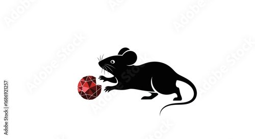 Minimalist black mouse silhouette reaching for a precious red gemstone.