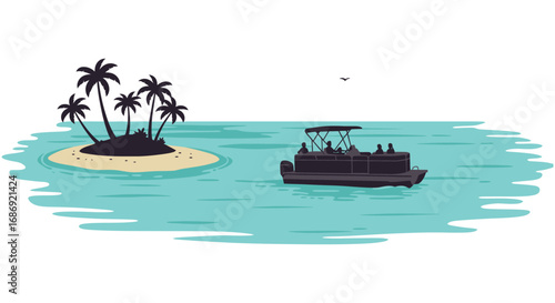 a boat floating near a small tropical island with palm trees