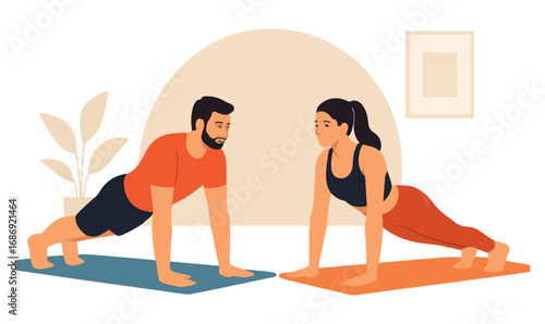 Couple Doing Push Up Exercise | Home Workout Fitness Illustration