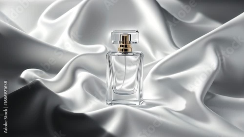 Elegant clear glass perfume bottle with gold accent cap resting on luxurious white silk fabric, beauty product footage.