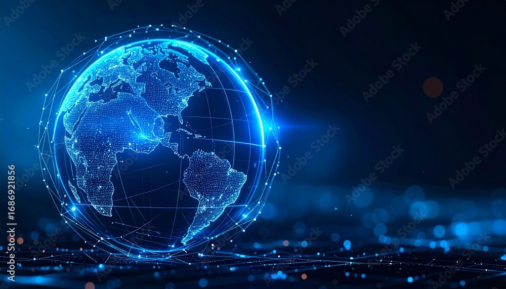 Obraz premium A futuristic digital rendering of the Earth, showcasing a network of interconnected data points with a mesmerizing glow