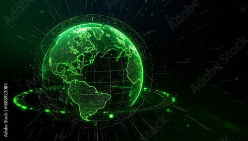 A stunning, glowing digital representation of Earth, a mesmerizing display of data, information and network