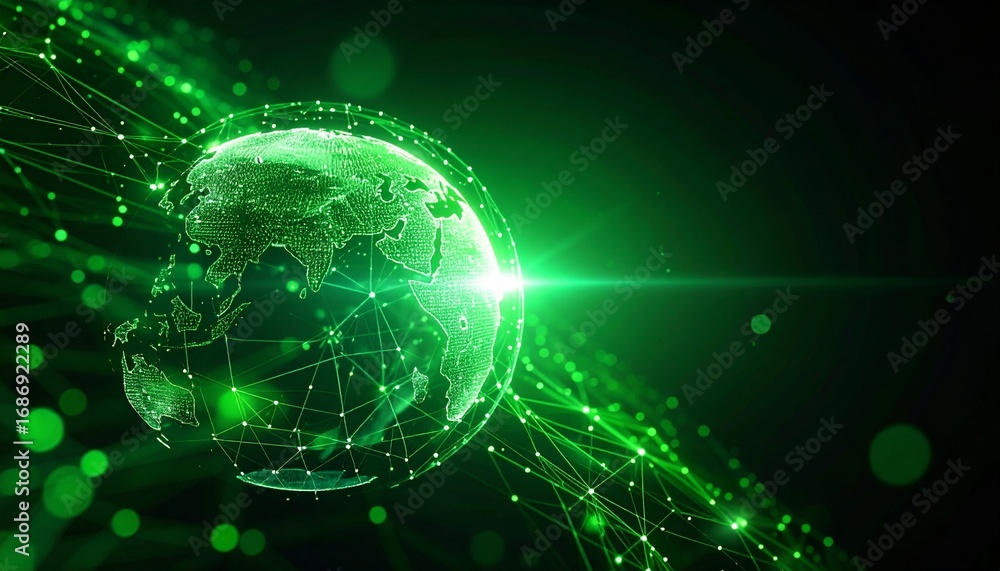 Obraz premium A digital representation of the world, highlighted in vibrant green, symbolizes global connections and technological advancement. It is interwoven with lines and dots, emitting a bright light.