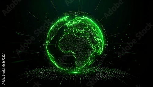A glowing green digital earth in space, with a network of lines and dots representing connectivity. The image evokes a sense of global interconnectedness, technology, and innovation.