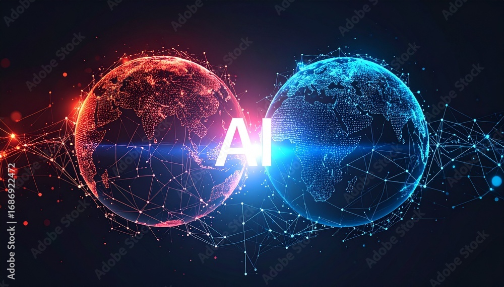 Obraz premium The abstract illustration of two halves of the world, rendered in red and blue, interconnected with lines forming networks, symbolizing the power of AI