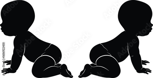 Crawling baby silhouette vector set with two infants in opposite directions, perfect for baby shower, nursery art and parenting designs