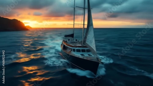 ship cruising towards island luxury sailboat ocean against sunset sky