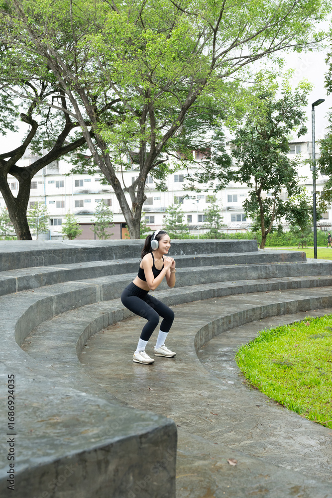 Fototapeta premium Young woman stretching legs and listening music with headphones in the park