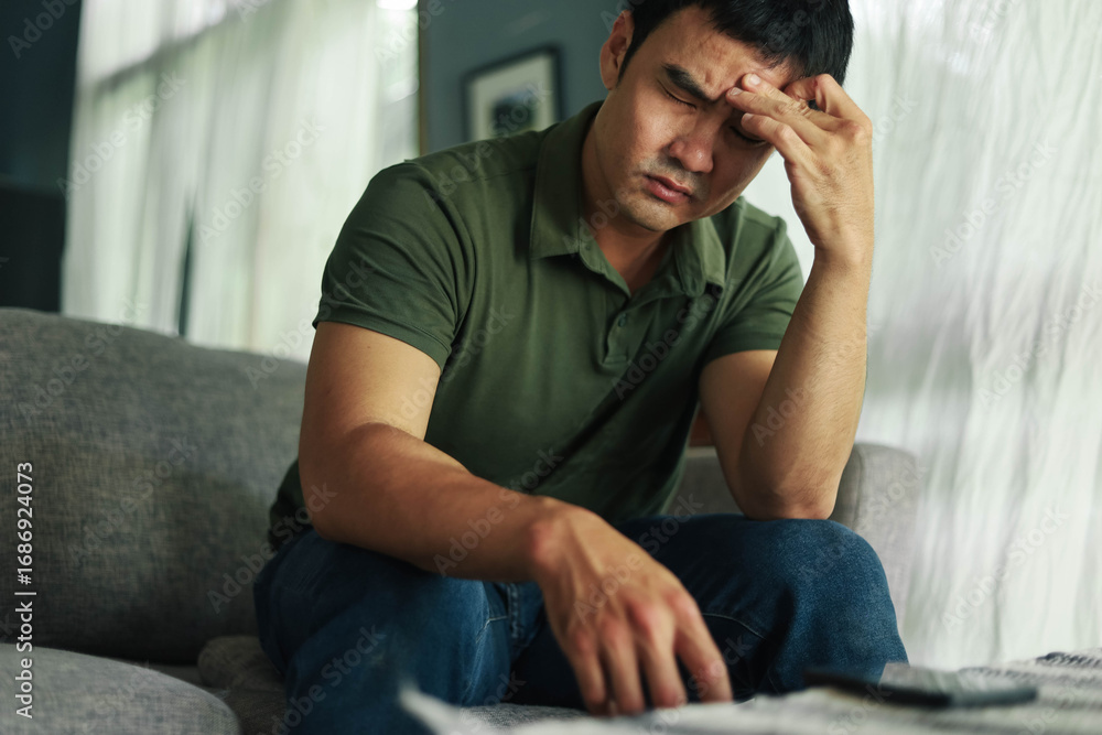 Obraz premium domestic,sad serious illness man.depressed emotion panic attacks alone sick people fear stressful.stop abusing violence,help person with health anxiety,thinking bad frustrated exhausted