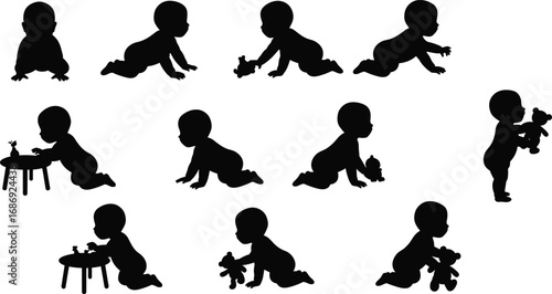 Baby silhouettes crawling, sitting, standing and playing with toys, cute infant vector poses for parenting, childcare, nursery and education design