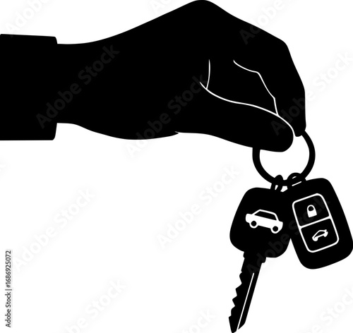 Black vector silhouette of hand holding car key with remote control