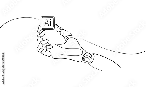 Chip AI with technology hand, continious line drawing. Smart network digital technology outline. Vector illustration
