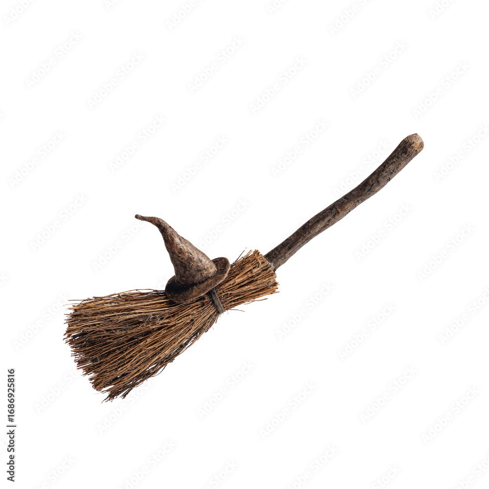 Obraz premium Whimsical Miniature Witch's Broom with Pointed Hat on Black