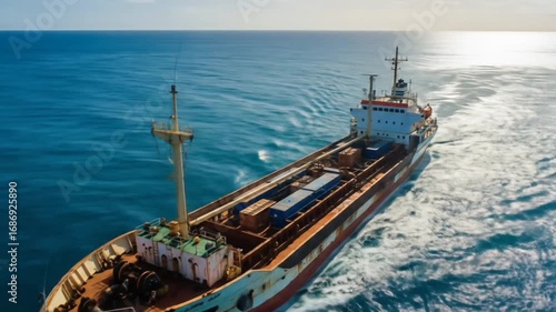 ship cruising towards island cargo sailing tropical ocean near