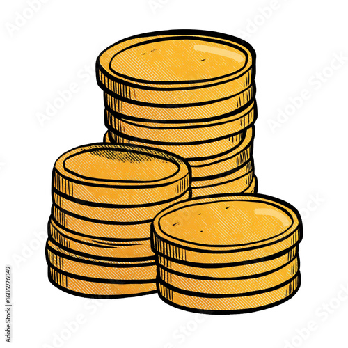 Stacked Gold Coins: Hand-Drawn Cartoon Icon on Black