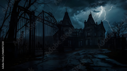 Dark, stormy night at a gothic mansion with a large wrought iron gate.
