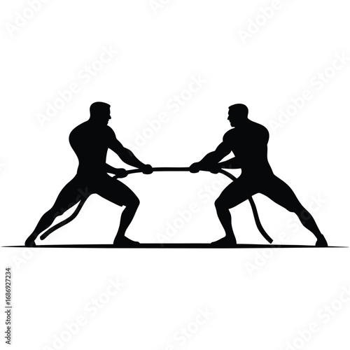 Silhouette of Two Men in a Tug of War Confrontation Strength and Competition