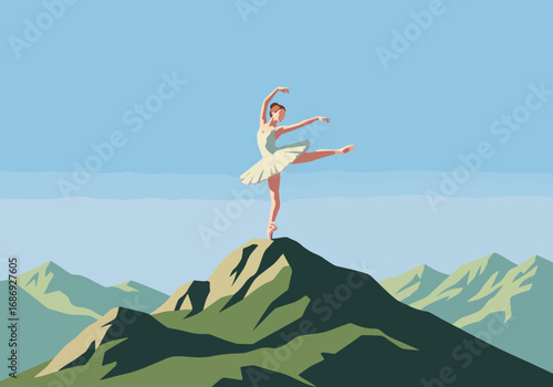 Ballerina dancing on mountain peak with serene scenery in background. Graceful ballerina performs on top of rocky summit surrounded by breathtaking mountains and clear blue sky.