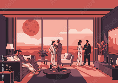 Elegant pajama party on Mars with guests mingling in stylish living room. Pajama party atmosphere showcases modern decor and captivating Martian landscape through large window.