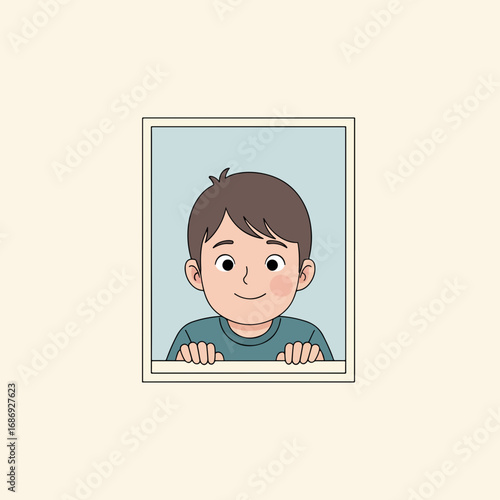 Child smiling while peering out from picture frame with hands on edges. Joyful boy expression creates warmth in design, making it ideal for invitations and greeting cards.