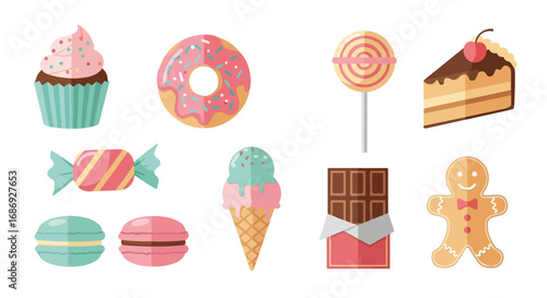 Colorful bakery icons featuring cupcakes, donuts, lollipops, and cakes in festive colors. Sweet treats include ice cream cones, candies, chocolate bars, and gingerbread men,