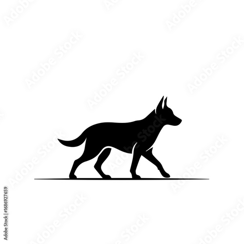 Minimalist dog silhouette walking against white background with clean lines and defined shape. Dog silhouette depicts movement, showcasing grace and elegance with every step.