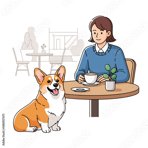 Cheerful corgi sits beside owner enjoying coffee at pet-friendly cafe. Happy dog and owner share a moment in cozy atmosphere, creating memories. Concept of relaxed lifestyle in pet-friendly cafe.