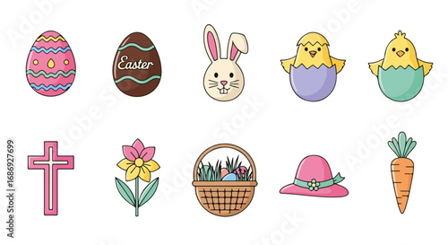 Easter icon set with colorful designs featuring decorated eggs, bunny, chicks, flower, basket, and carrot. Easter theme includes objects symbolizing celebration and joy.