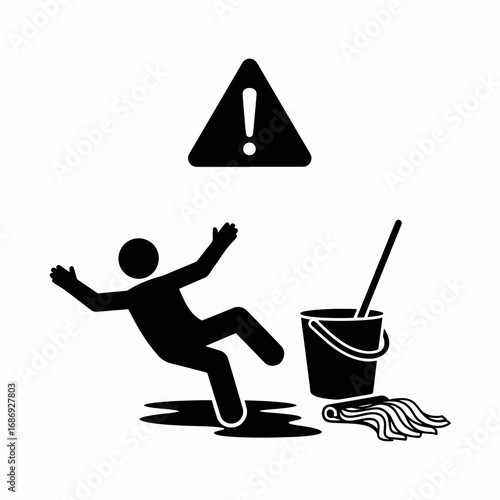 Caution sign depicting slipping man on wet floor near mop bucket and warning icon. Sign emphasizes importance of safety in wet environments, highlighting potential hazards of slipping and falling.