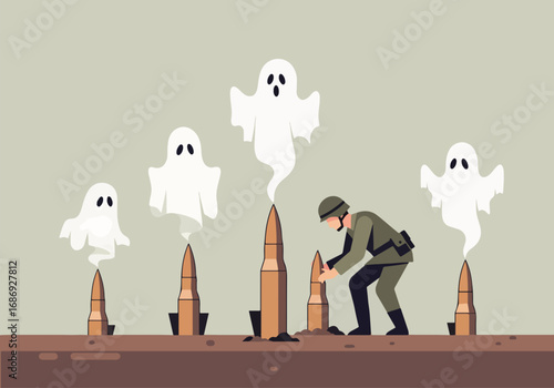 Soldier planting bullets with ghostly figures emerging in minimalist design. The scene depicts a soldier interacting with ghostly apparitions rising from artillery shells.