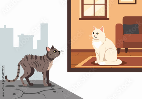 Stray cat looking at house cat through window in urban setting, highlighting contrast between outdoor life and indoor comfort. Stray cat gazes longingly towards house cat,