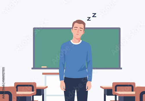 Student sleeping while standing in classroom during lesson with empty desks and chalkboard. Tired student shows exhaustion while learning in educational setting.