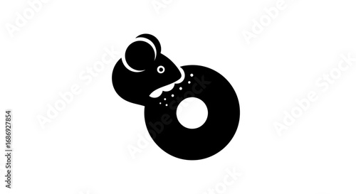 Simple black graphic icon of a mouse eating a donut.