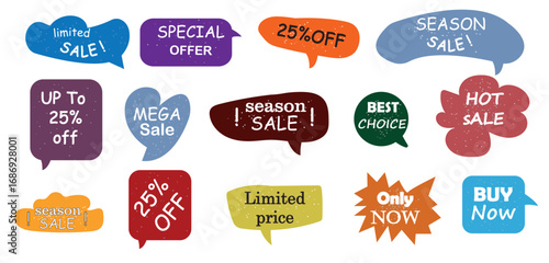 Print sale labels, discount offers, promotional tags, speech bubbles, marketing graphics, seasonal sale, best choice, hot sale, limited time offer, price reduction, buy now, special offer vectors.eps