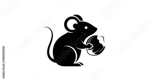 Simple black silhouette of a mouse eating food.
