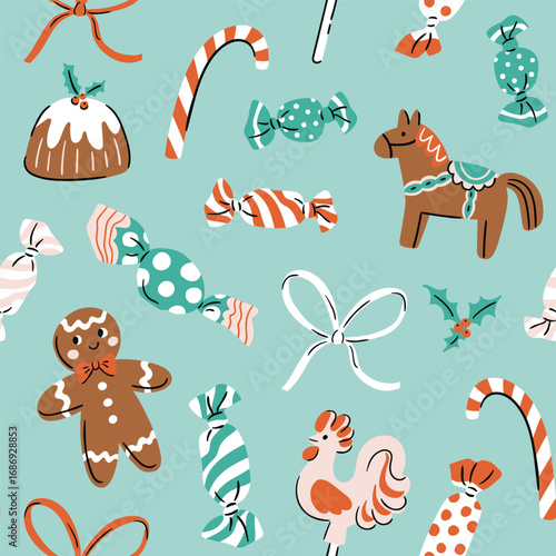 Cute merry Christmas seamless pattern with sweets, bows and christmas gingerbread. Hand drawn holiday vector illustration. Funny new year seamless print design for fabric or wrapping paper