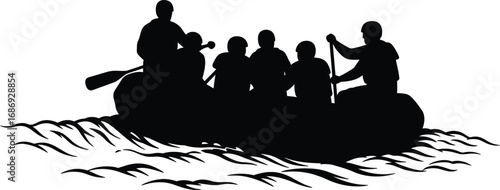people navigating rough waters in an inflatable boat silhouette