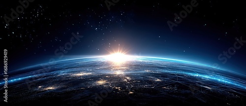 Fototapeta Naklejka Na Ścianę i Meble -  A breathtaking view of Earth from space, showcasing a sunrise above the horizon, stars twinkling in the background, and the planet illuminated by city lights.