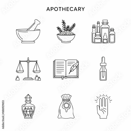 Line Art Icons Representing Apothecary Tools, Herbs, and Ancient Practices
