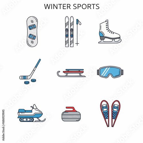 Set of Illustrations Featuring Iconic Winter Sports and Equipment
