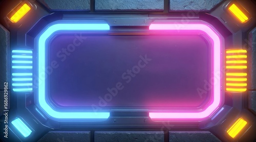Wallpaper Mural Neon-lit Rectangular Frame with Blue and Pink Lights on a Stone Background Torontodigital.ca