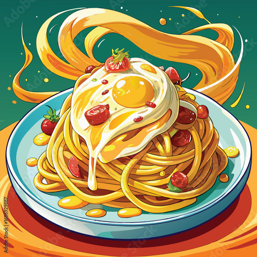 Delicious Strawberry and Egg Pasta: Vibrant Cartoon Food Illustration